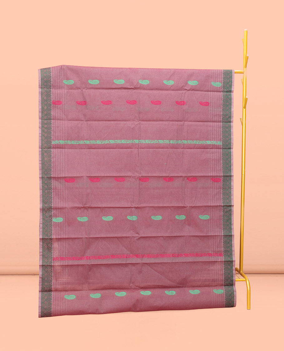 Rosewood Pink Kanchi Cotton Saree, Adorned with Thread Paisley Buttas All Over Its Body, a Subtle Self-Border, Pallu of Intricate Designs, and Paired with a Matching Blouse