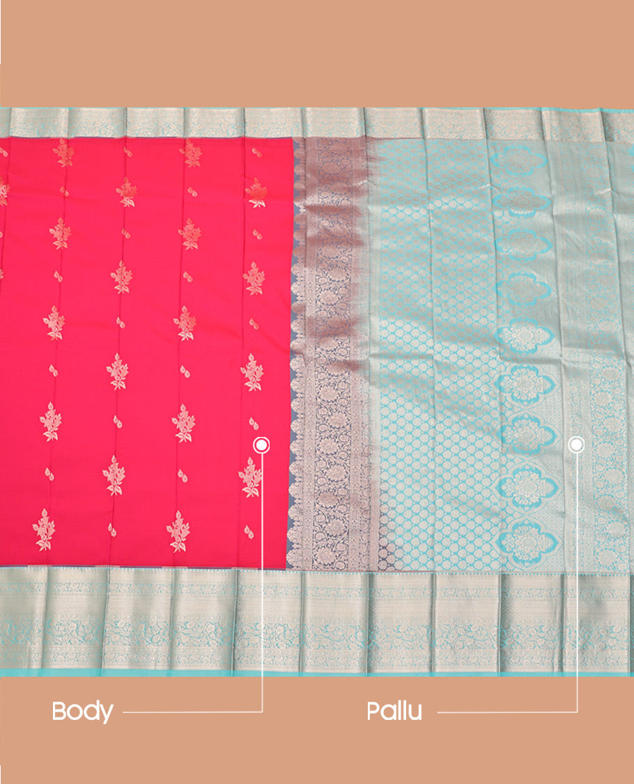 Pink Budget Silk Saree, Prettified with Zari Buttas, Complemented by a Contrast Traditional Zari Border, Grand Pallu, and a Contrast Blouse