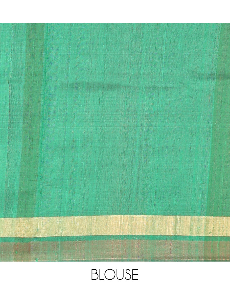 Blue Dupion Silk Saree, Embellished with Buttas, Complemented by Contrast Temple Border, Pallu of Temple Designs, and a Contrast Blouse