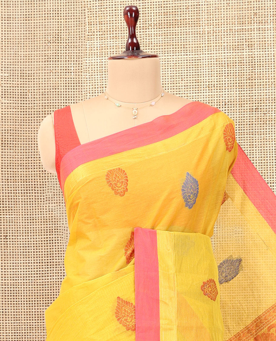 Yellow Kanchi Cotton Saree, Woven with Thread Buttas, a Contrast Border, Pallu of Floral and Animal Design, and a Matching Blouse