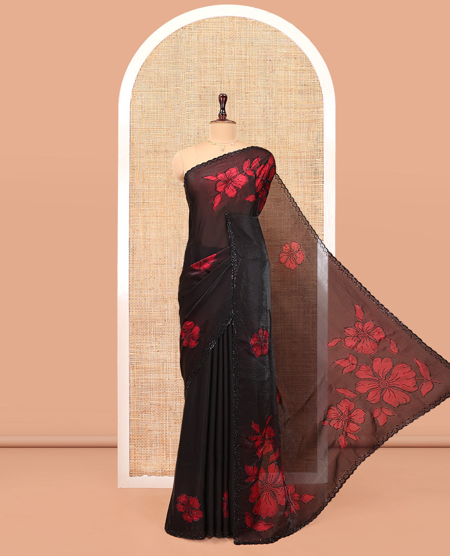 Black Designer Saree, Beautified with Floral Print and Outline Stone Embroidery On Its Body, Scallop Stone Work Border, Pallu of Stone Work, and Paired with a Matching Blouse