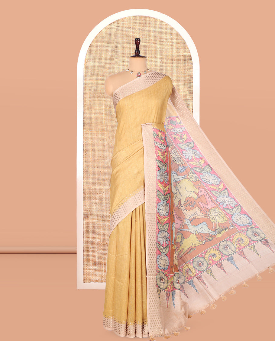 Sandal Plain Fancy Tussar Silk Saree, Contrast Triangle Motif Border, Pallu of Kalamkari Animal Motifs, and Contrast Kalamkari Printed Blouse