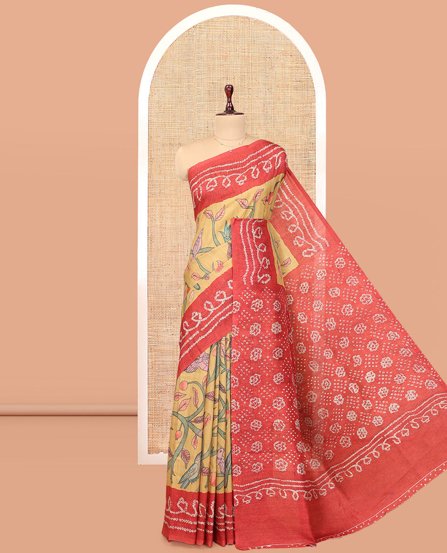 Yellow Fancy Tussar Saree Features Kalamkari Floral and Animal Print, Contrast Bandhani Border, Bandhani Pallu, and a Contrast Blouse