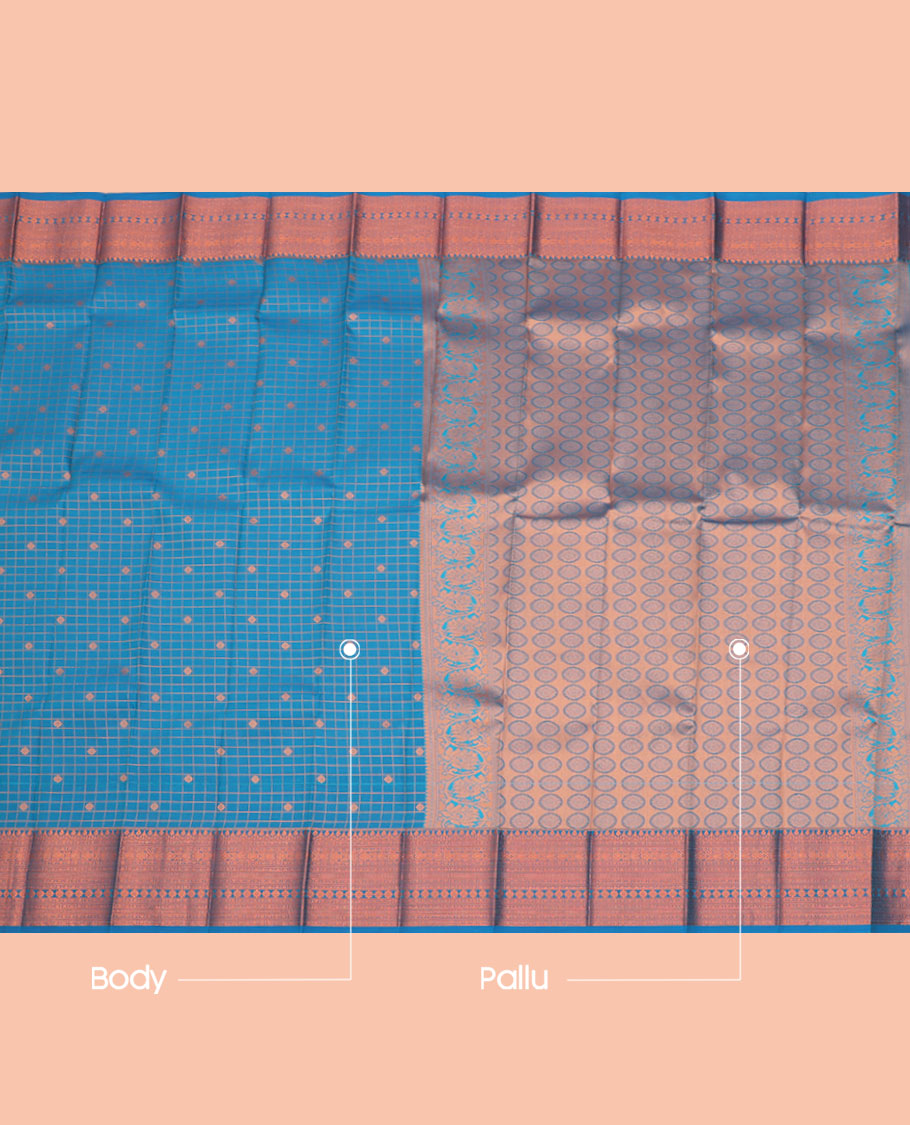 Blue Budget Silk Saree, Detailed with Zari Buttas and Checks All Over Its Body, Highlighted by a Traditional Zari Design Border, Grand Pallu, and Paired with a Matching Blouse