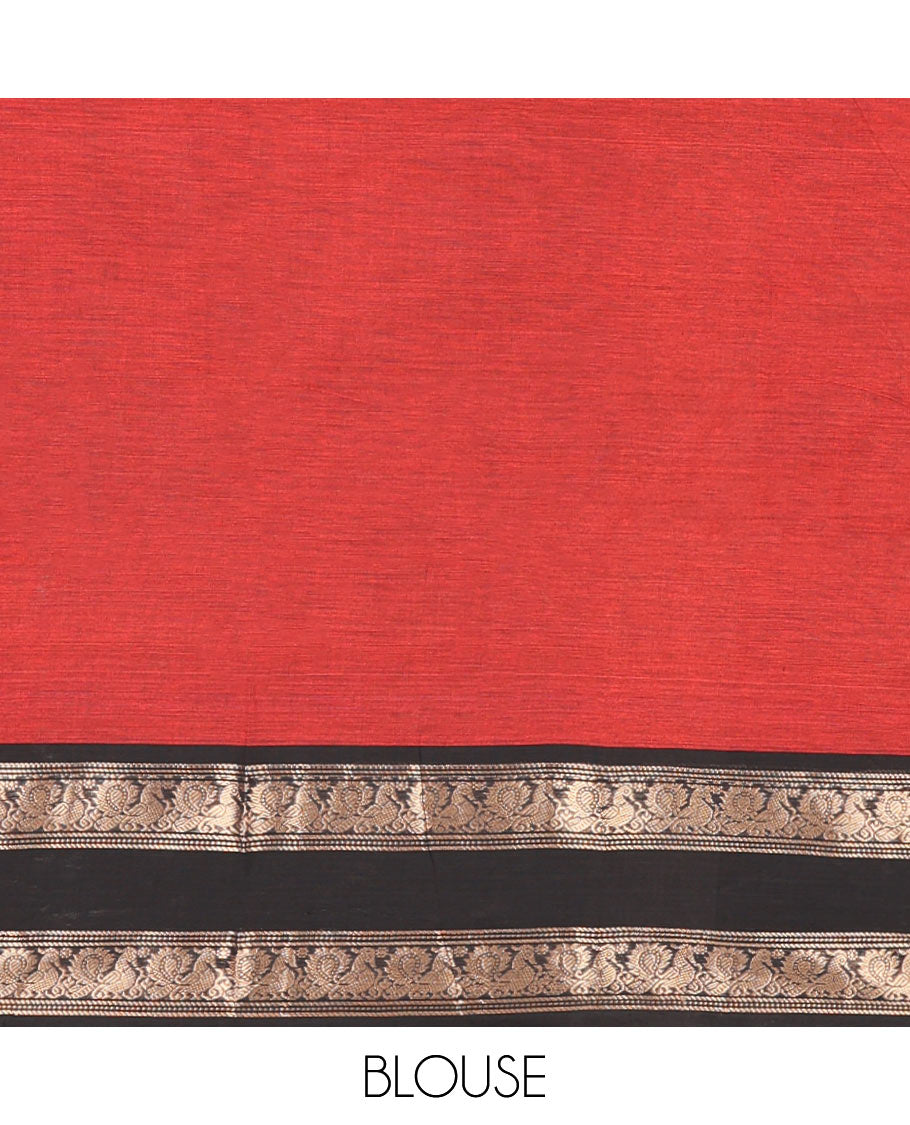Brick Red Plain Chettinad Cotton Saree, Complemented by a Contrast Rettai Pettu Peacock Zari Border, Striped Pallu, and a Matching Blouse