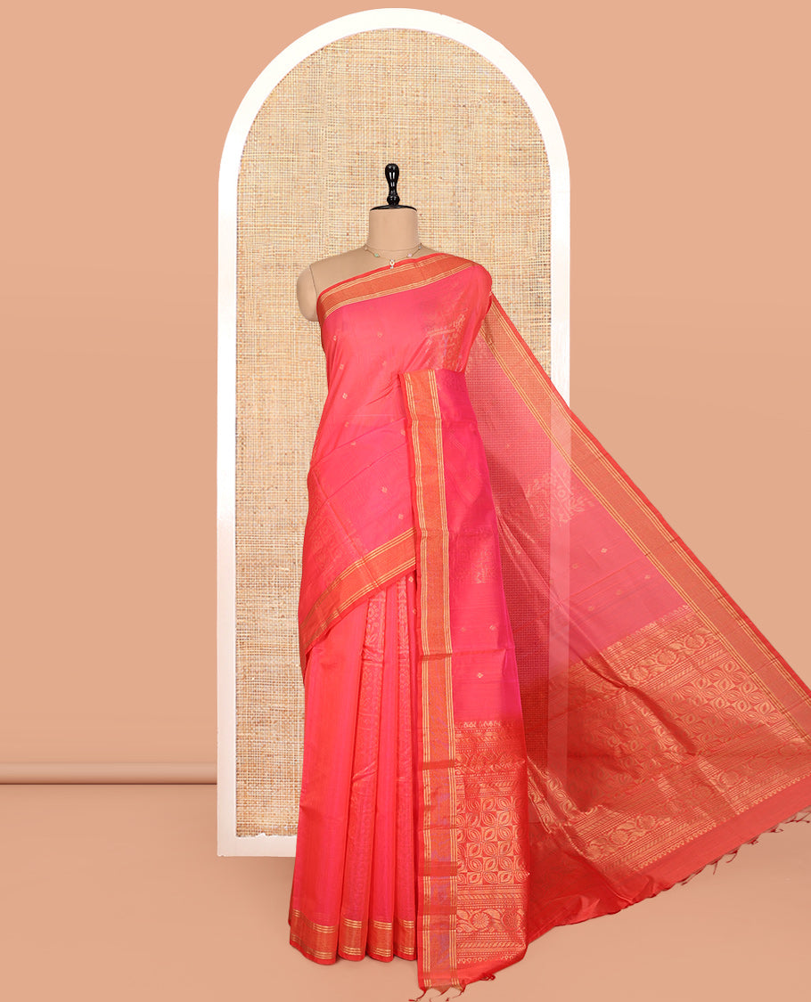 Pink Silk Cotton Saree, Decorated with Zari Buttas, Complemented by a Contrast Zari Border, Intricate Pallu, and a Contrast Blouse