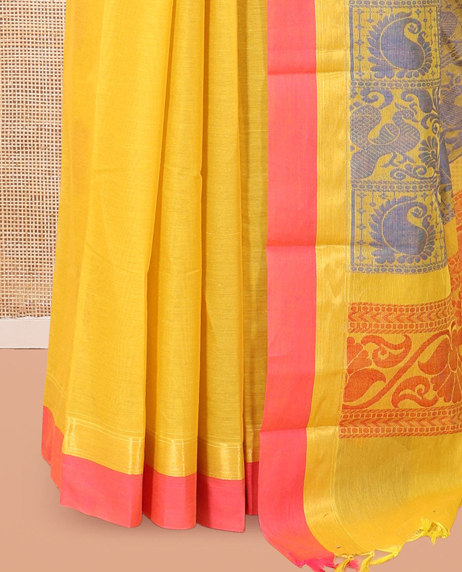 Yellow Kanchi Cotton Saree, Woven with Thread Buttas, a Contrast Border, Pallu of Floral and Animal Design, and a Matching Blouse