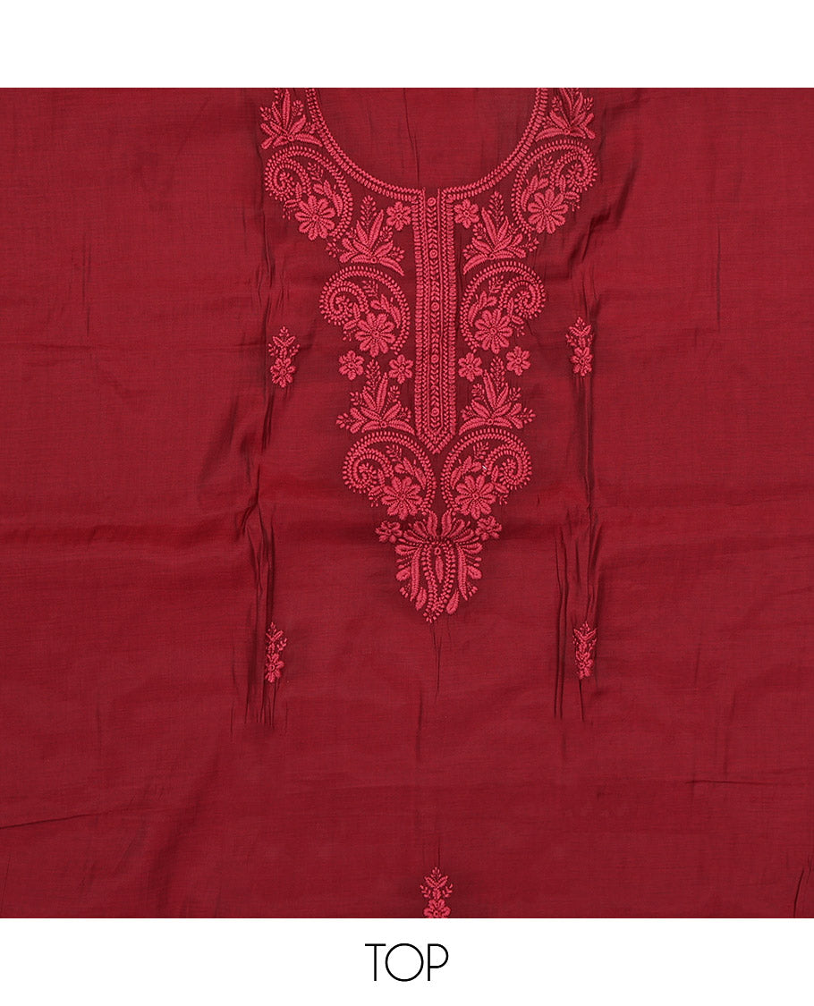 Maroon Material Chudidar Set, Subtly Woven with Lucknowi Chikankari-Style Floral-Leaf Neck Embroidery on Muslin Top, a Plain Santoon Bottom, and Paired with a Lucknowi Chikankari-Style Embroidered Muslin Scallop Dupatta