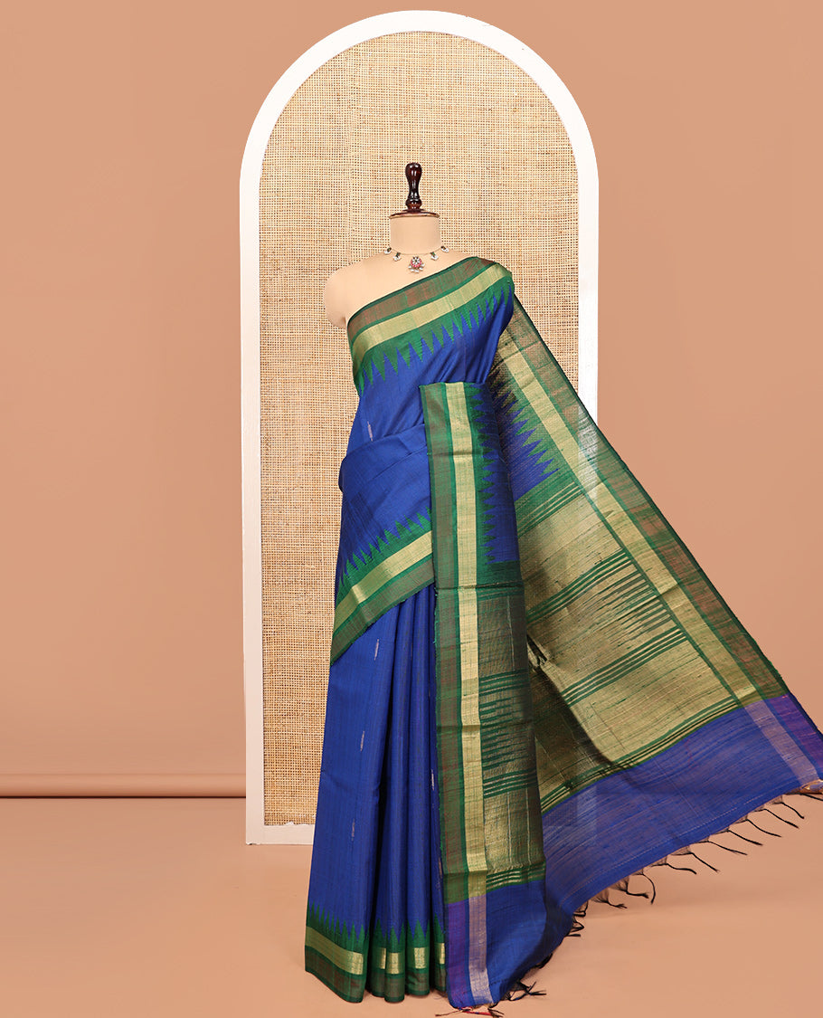Blue Dupion Silk Saree, Embellished with Buttas, Complemented by Contrast Temple Border, Pallu of Temple Designs, and a Contrast Blouse