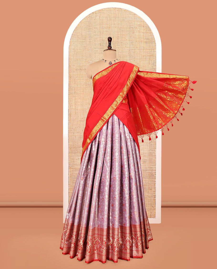 Pale Pink Art Silk Material Half Saree Set, Woven with Floral Jacquard Skirt, a Contrast Jacquard Border, Contrast Blouse, and an Intricate Dhavani