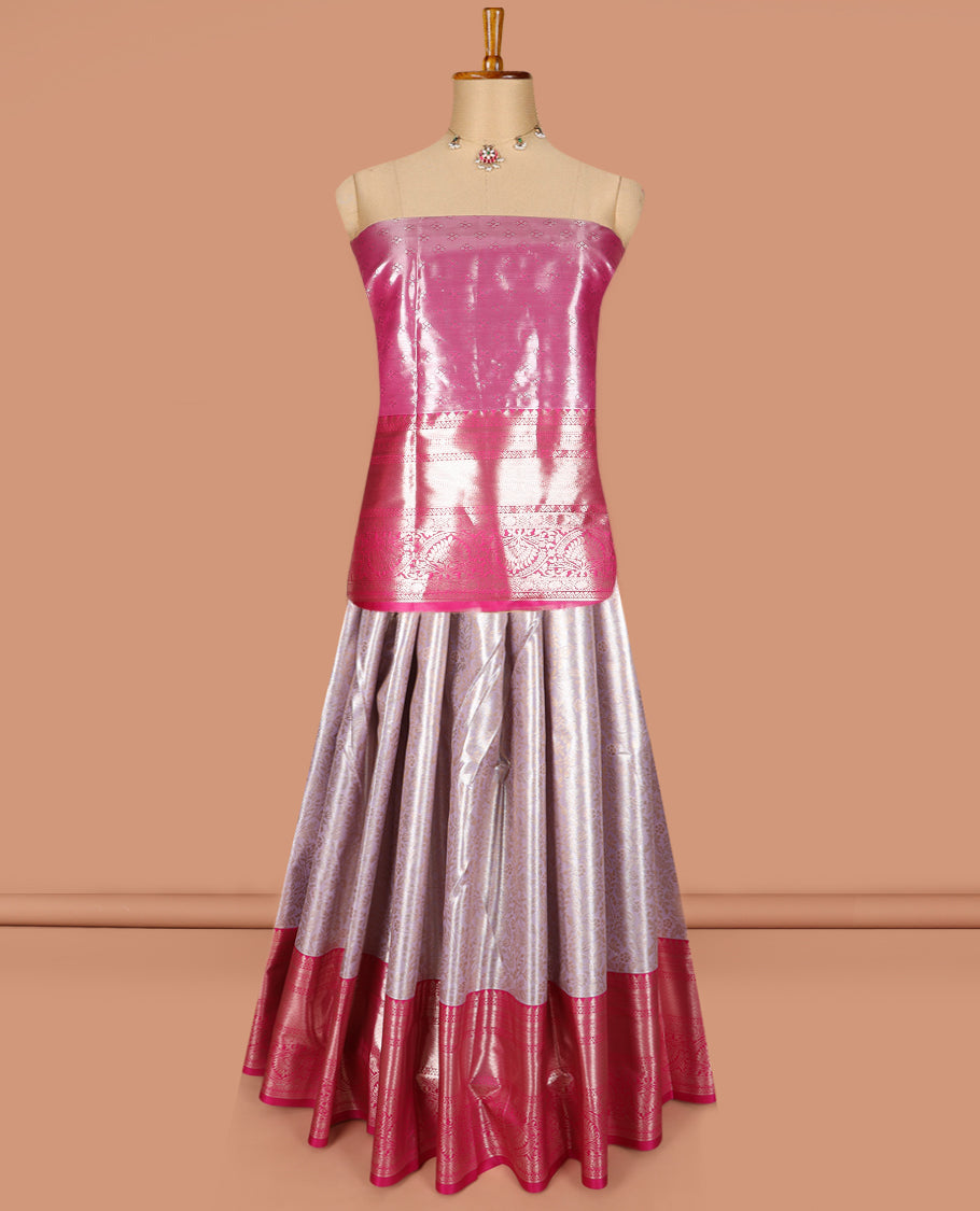 Grey Art Silk Material Half Saree Set Featuring Floral Jacquard Skirt, a Contrast Traditional Zari Design Border, a Zari-Jacquard Blouse, and a Dhavani Adorned with Floral Zari Designs