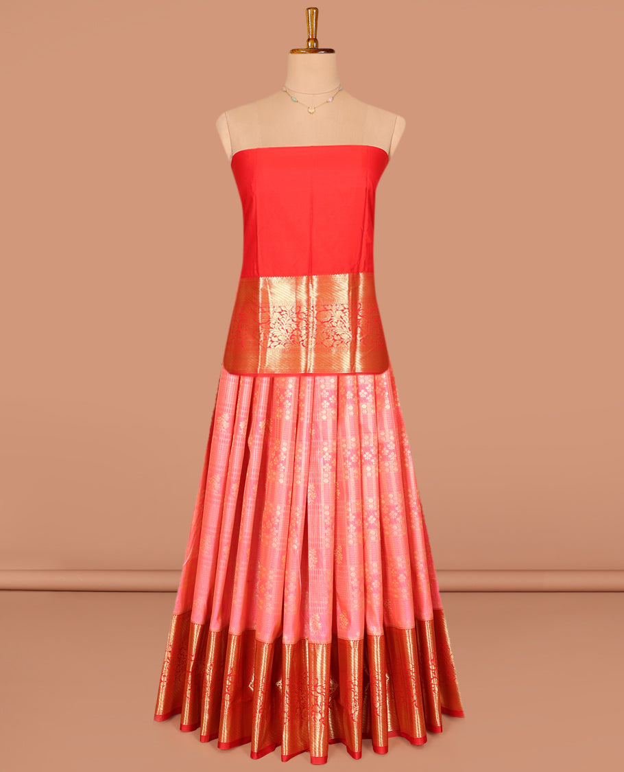 Pink Art Silk Pavadai Material Set, Boldly Accentuated with Jacquard Designs on Its Skirt, Complemented by a Contrast Traditional Zari Design Border, and Paired with a Contrast Blouse