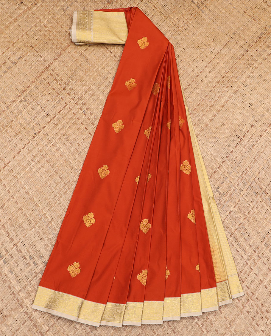Orange zari buttas budget silk saree, contrast traditional zari border, and pallu