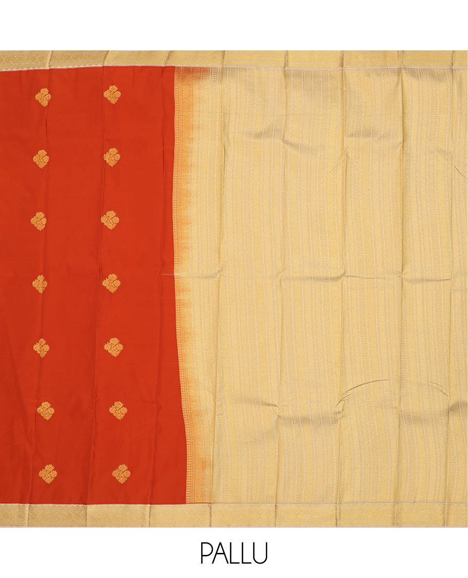 Orange zari buttas budget silk saree, contrast traditional zari border, and pallu