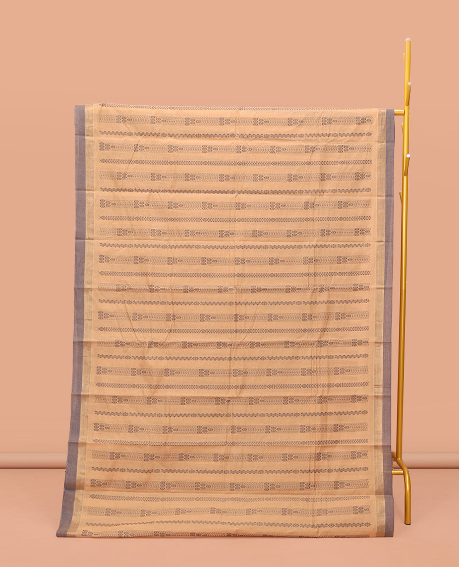 Sandal Kanchi Cotton Saree, Elevated with Geometric Design on Its Body, Complemented by a Contrast Border, Pallu of Flower Designs, and a Matching Blouse