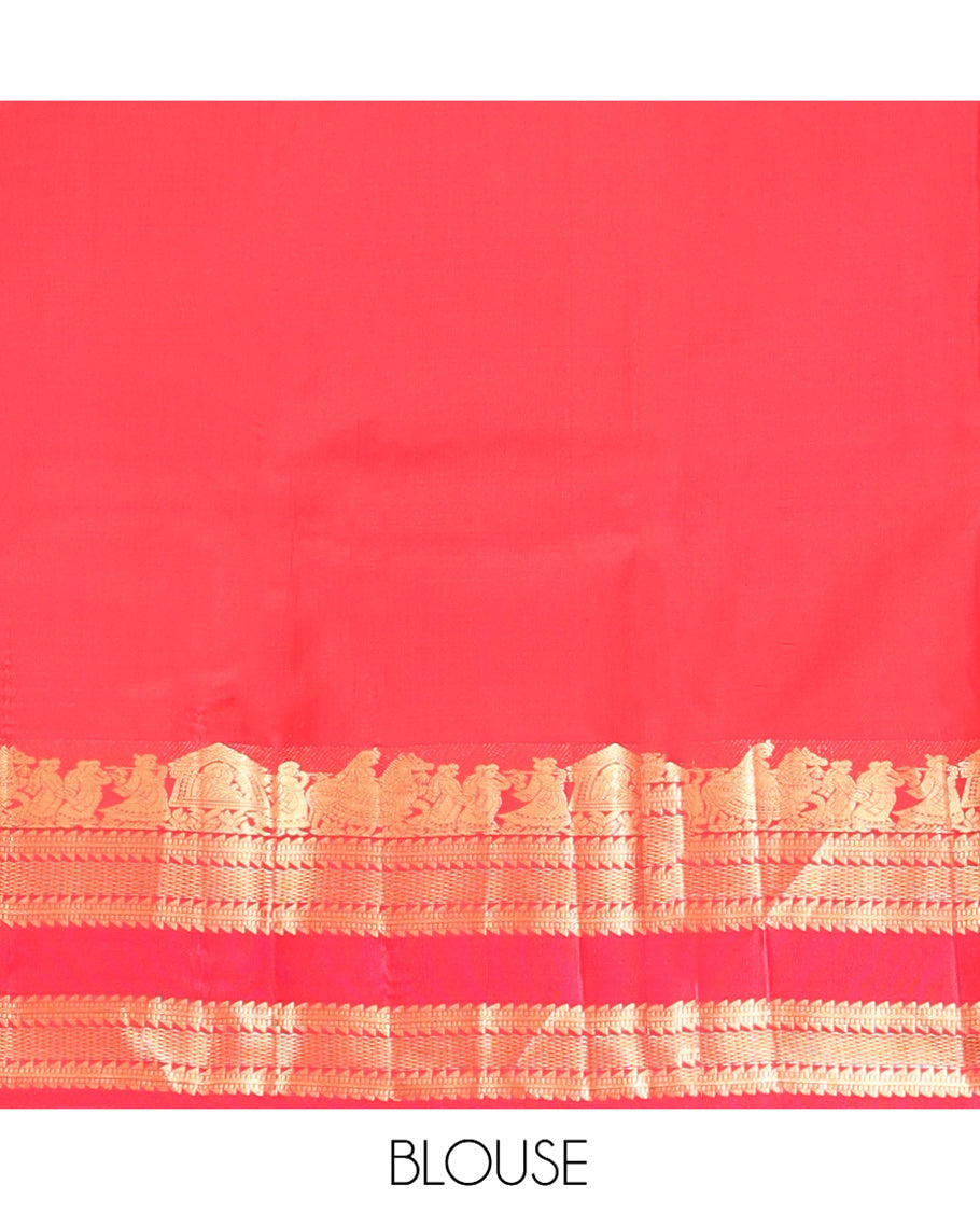 Blue Vasundhara Silk Saree, Dazzled with Mayil and Yaanai Buttas All Over Its Body, Complemented by Contrast Border of Wedding-Theme Motifs, Ara Bogudi, Muthu, and Ara Maadam Designs, Grand Jaal Pallu, and Paired with a Contrast Blouse