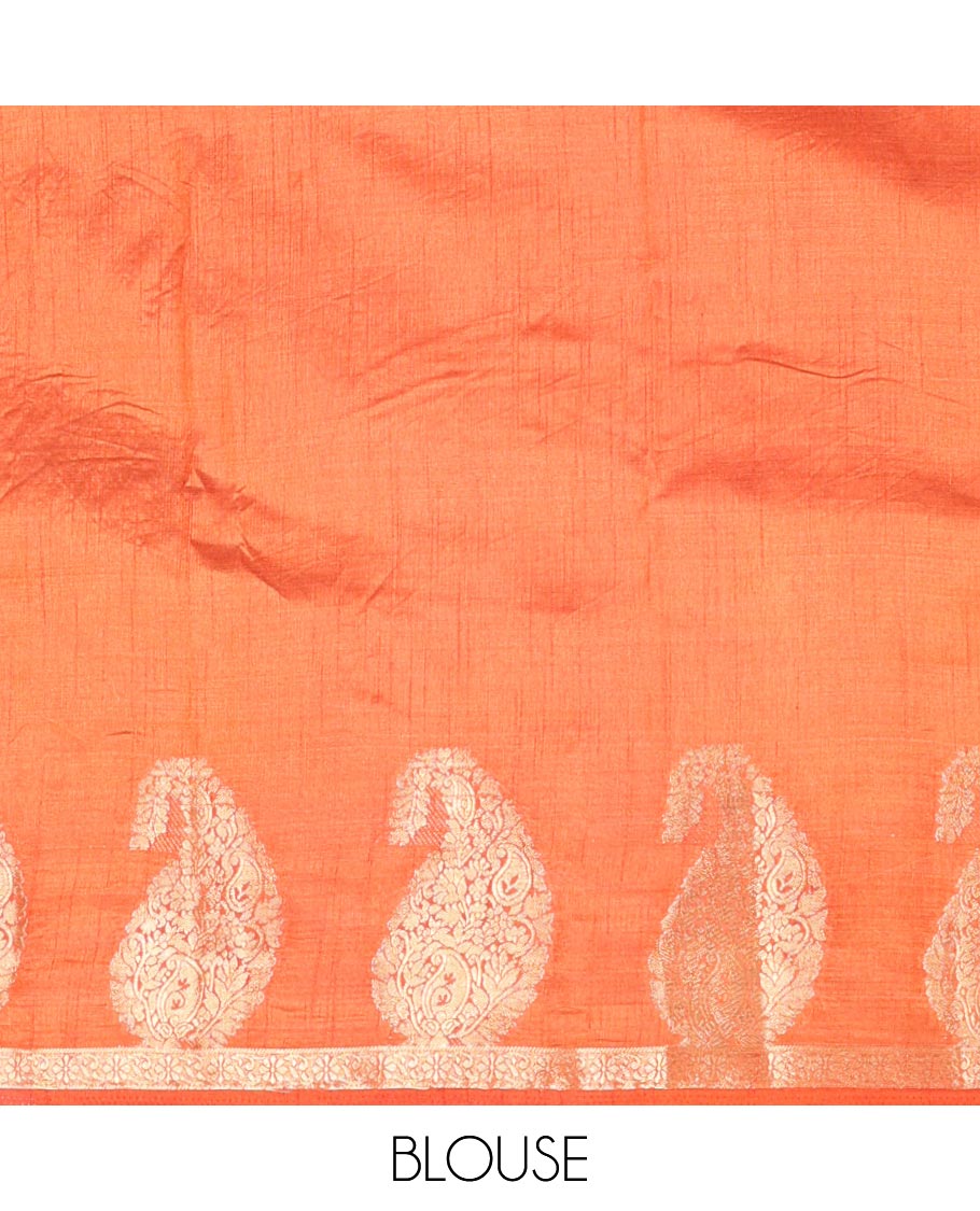 Rust Orange Plain Semi-Tussar Saree Artfully Detailed with a Self Border Featuring Floral and Paisley Zari Weave, Adorned with a Zari-Striped Pallu, Paired with a Matching Zari-Woven Blouse