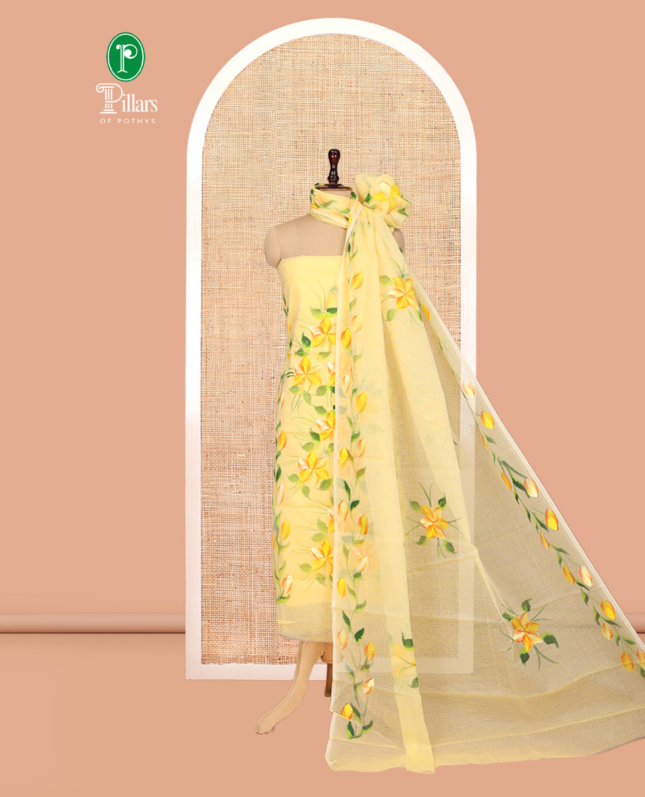 Yellow Net Kota Material Churidar, Adorned with Hand-Brush Painting Floral Printed Top, a Plain Bottom, and Hand-Brush Floral Printed Dupatta