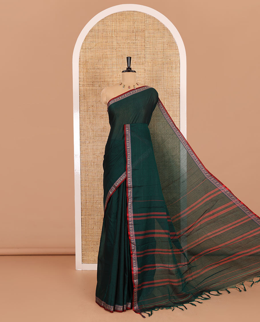 Green plain mercerised cotton saree, contrast temple traditional border, striped pallu, and a matching blouse
