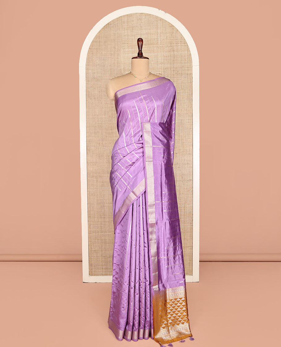 Lavender Dupion Silk Saree, Ornamented with Zari Stripes, Highlighted by a Traditional Zari Design Border, Contrast Pallu of Geometric Design, and a Contrast Blouse