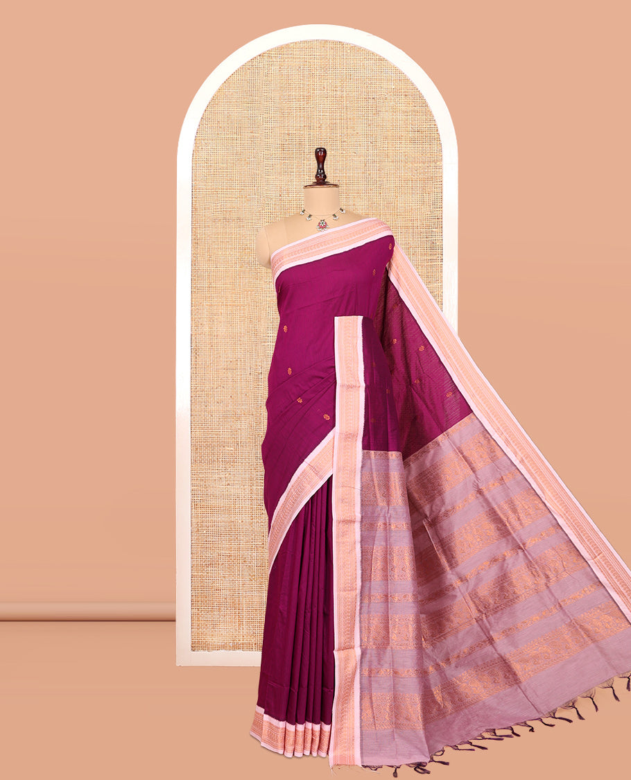 Purple Kalyani Cotton Saree, Woven with Buttas, Complemented by a Contrast Traditional Border, Traditional Pallu, and a Contrast Blouse