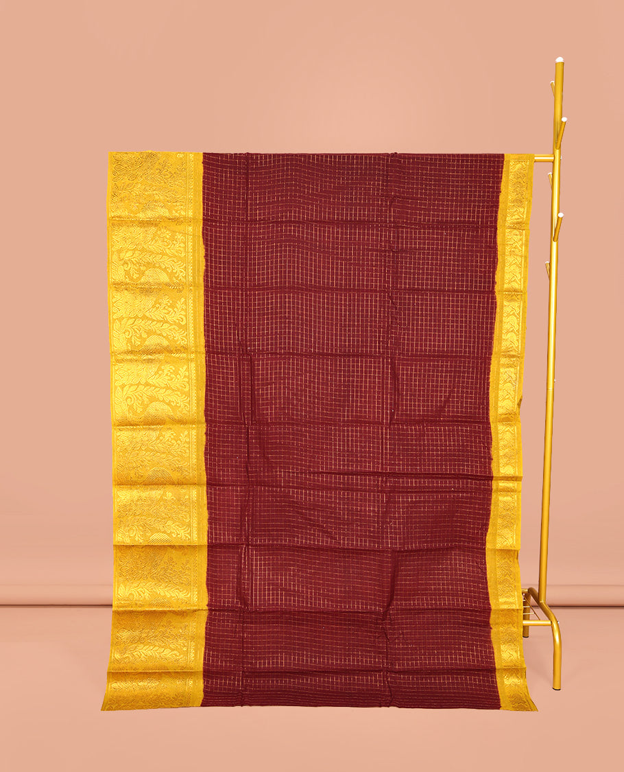 Maroon Sungudi Cotton Saree, Detailed with Zari Checks on Its Body, Complemented by a Contrast Traditional Zari Border of Big Peacocks, Zari-Striped Pallu, and Paired with a Contrast Blouse