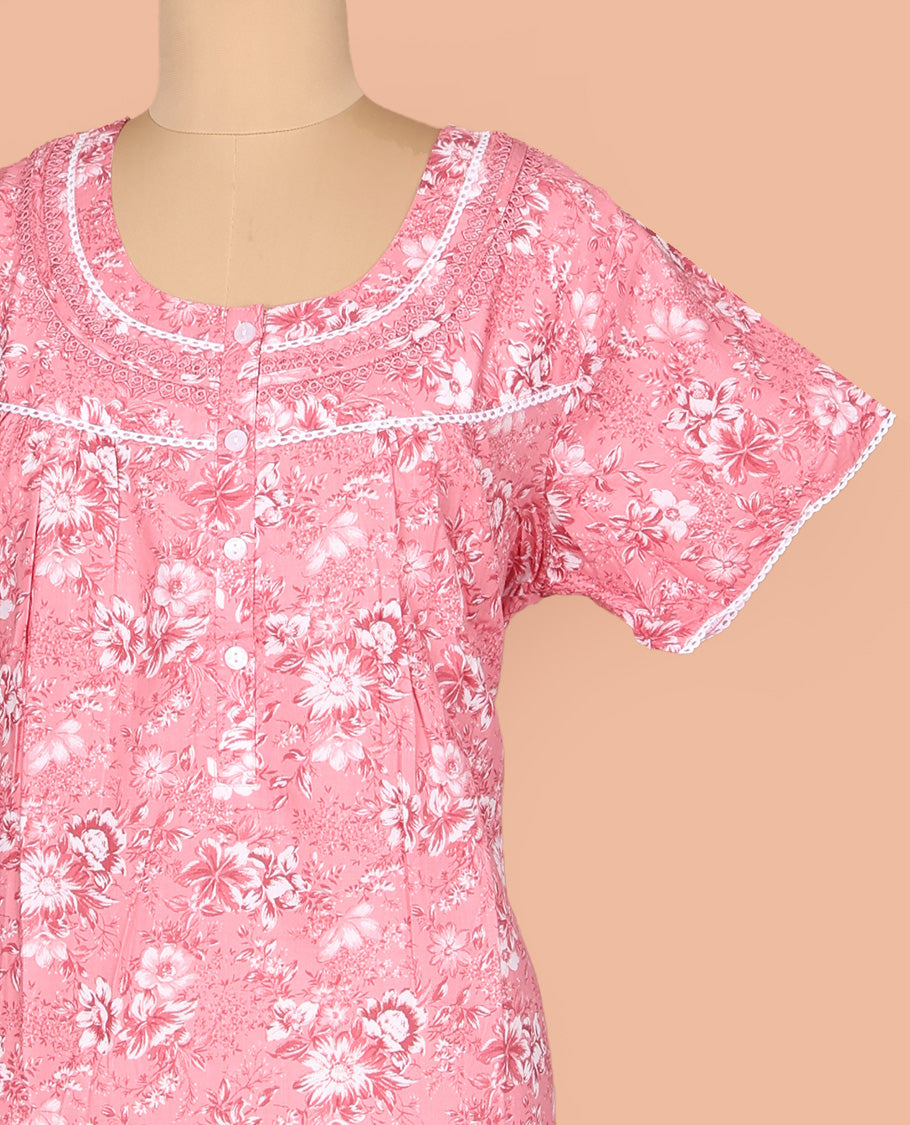 Pink Cotton Nighty Prettified with Floral Print, Featuring Lace Work, Round Front Neck, and Half Sleeves