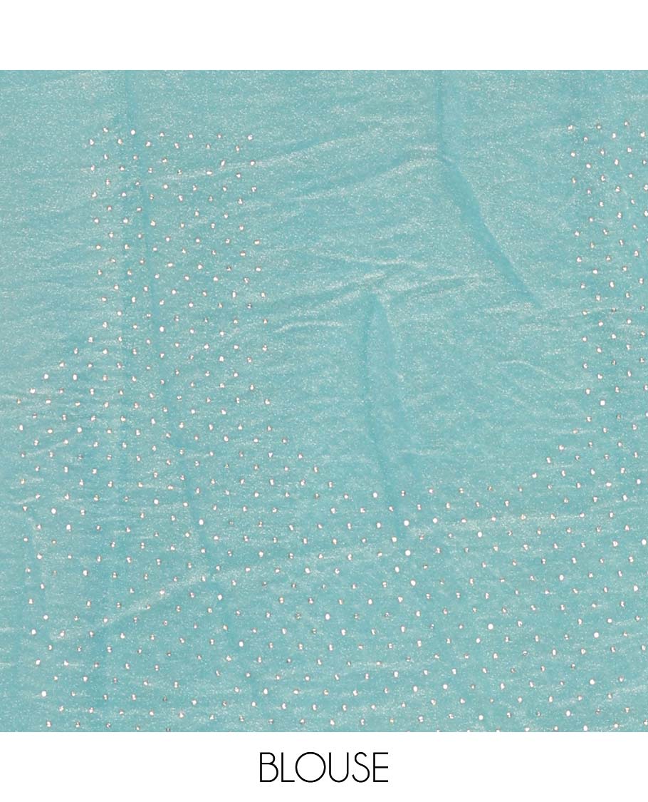 Blue diagonal striped foli printed shimmer chiffon saree, scallop jarkan stone work border, self-pallu, and plain blouse