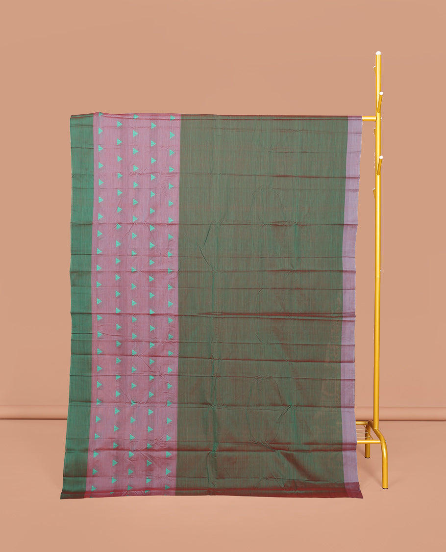 Green Dual-toned Plain Narayanpet Cotton Saree, Complemented by a Contrast Temple Border, Striped Pallu, and Comes Without a Blouse