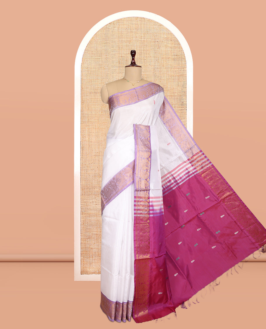 White Banana Pith Saree, Woven with Thread Buttas, a Contrast Peacock-Floral Zari Border, Pallu of Buttas, and a Contrast Blouse
