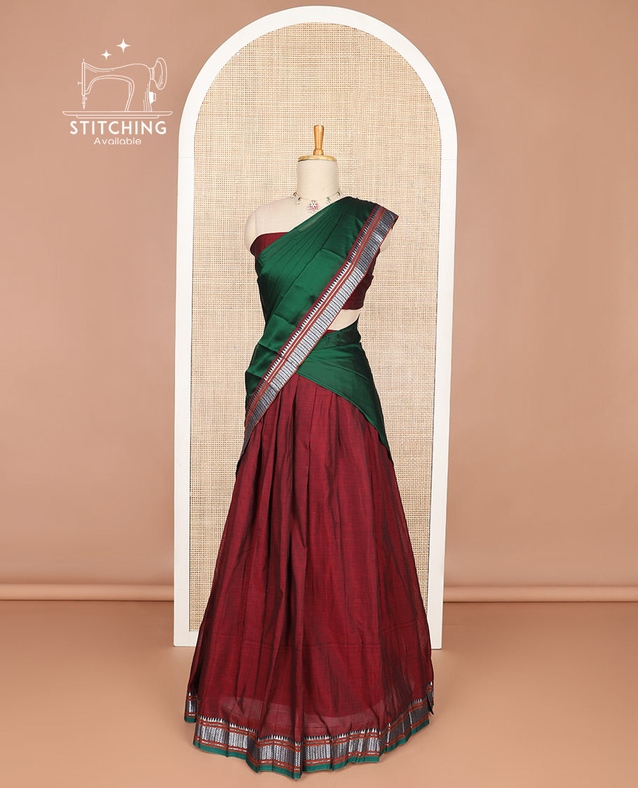 Maroon cotton half saree with contrast zari design border, zari design blouse & plain, zari design border dhavani