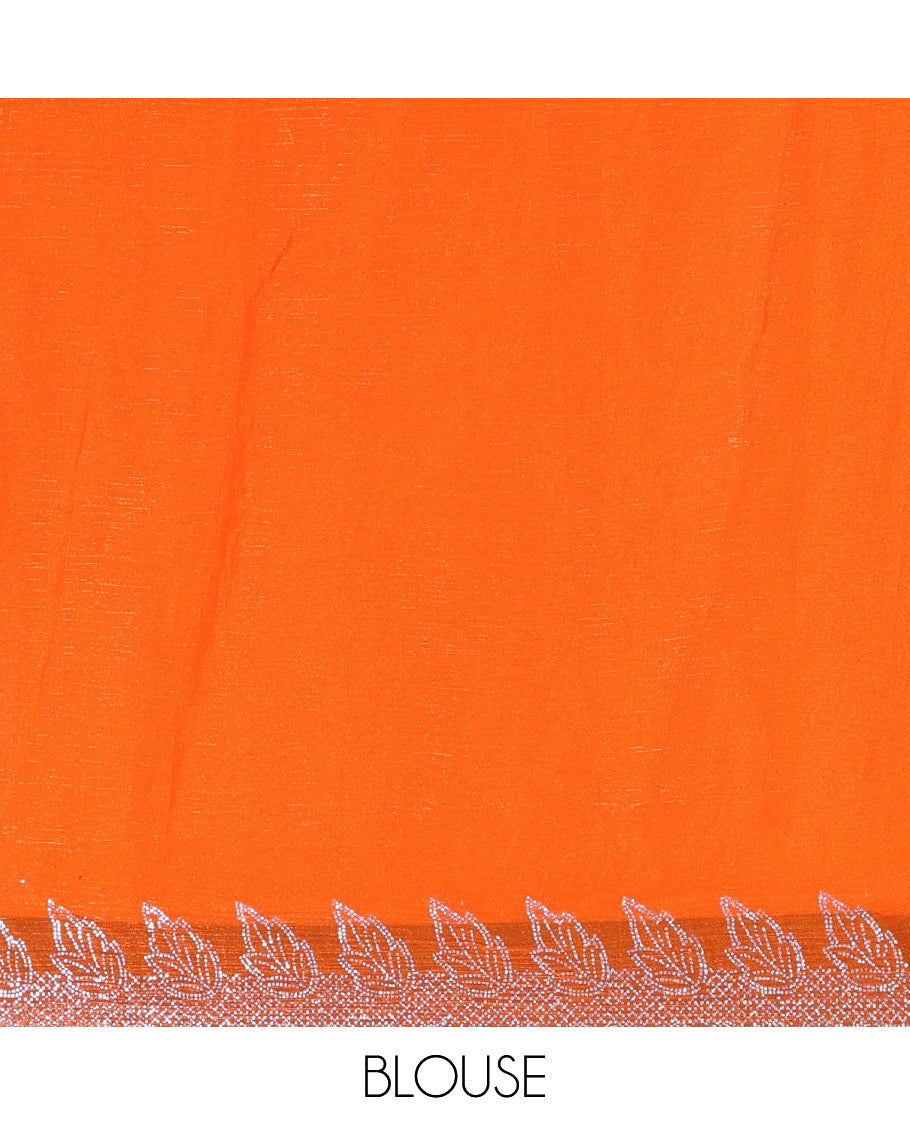 Orange Fendy Chiffon Saree Artfully Designed with Micro-Stone Work Lines Running All Over the Saree, Scallop Border of Leaf, and Geometric Patterns in Micro-Stone Work, and Paired with a Matching Blouse