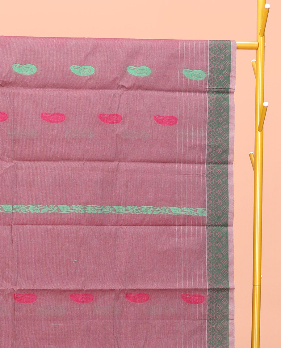 Rosewood Pink Kanchi Cotton Saree, Adorned with Thread Paisley Buttas All Over Its Body, a Subtle Self-Border, Pallu of Intricate Designs, and Paired with a Matching Blouse