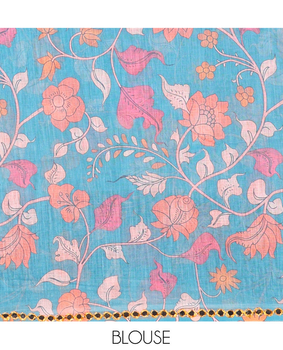 Sea Green Plain Linen Cotton Saree, Contrast Plain Scallop Border, a Self-Pallu, and Contrast Kalamkari Printed Blouse