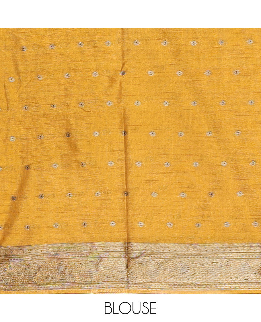 Borderless Maroon Kicha Tussar Saree Artfully Woven with Big Zari Floral Motifs All Over Its Body, Complemented by Intricately Zari-Woven Pallu, and a Contrast Blouse