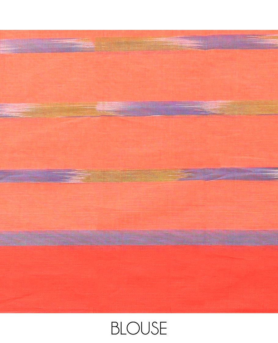 Orange allover striped chirla cottton saree with self plain border