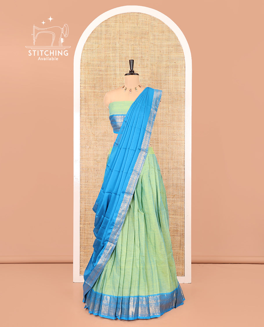 Liril Green-Firozi Blue Chettinad Cotton Half-Saree Featuring Plain Skirt, Contrast Traditional Border, Matching Blouse, Syska Georgette Dhavani