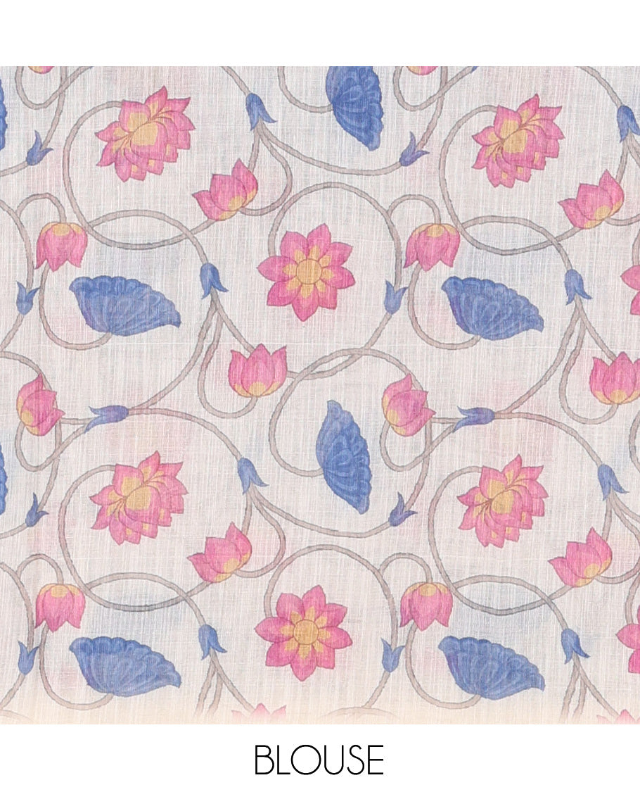 Blue Linen Cotton Saree, Adorned with Kalamkari Floral-Bird Print, Contrast Border, Kalamkari Peacock Pallu, a Contrast Blouse