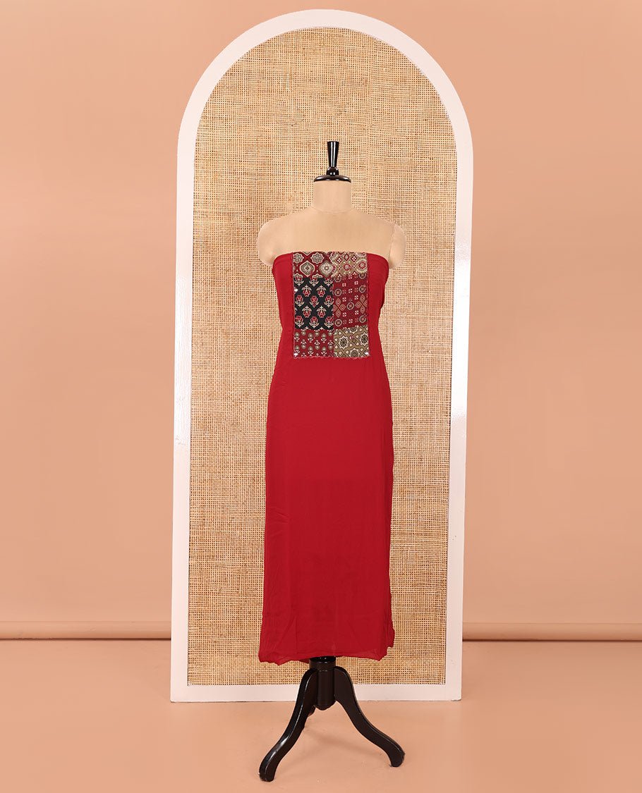 Red Material Chudidhar Set, Decked Up with Ajrakh-Style Print and Mirror Work Fox Georgette Top, Santoon Plain Bottom, and Georgette Dupatta of Ajrakh Print and Mirror Work