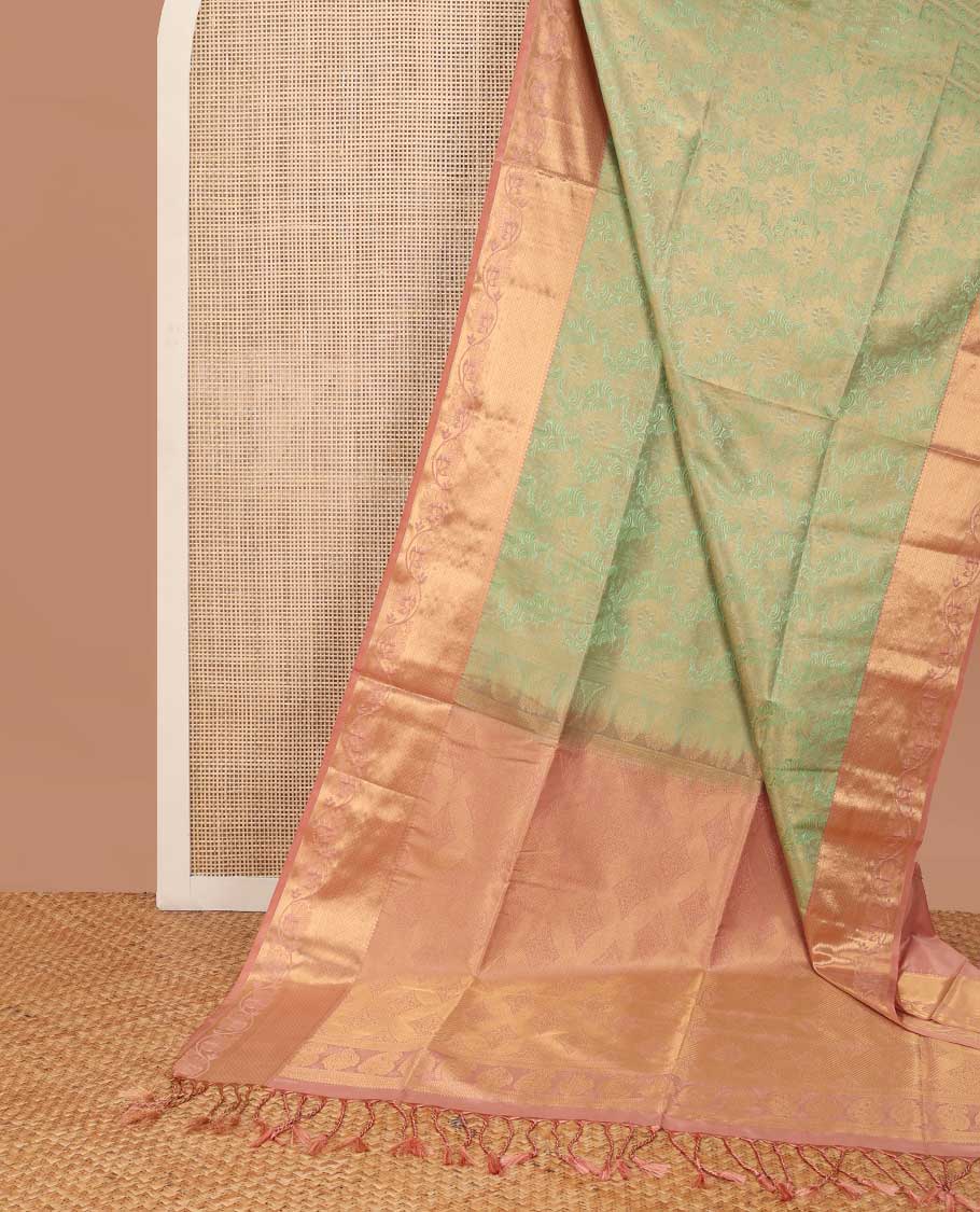 Light green floral jacquard soft silk saree with contrast zari design border & argyle design pallu