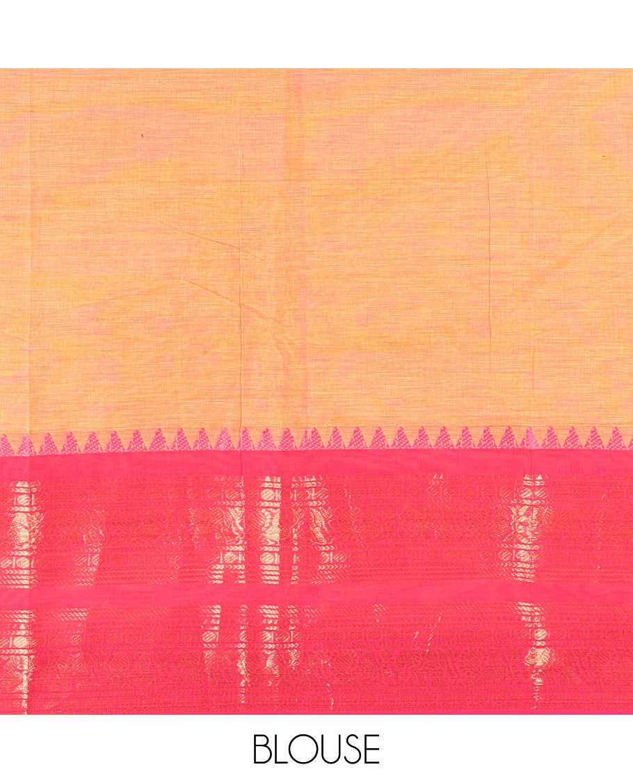 Orange Plain Chettinad Cotton Saree Highlighted with a Contrasting Temple Rettai Pettu Border of Peacock-Elephant Motifs, a Subtle Pallu of Stripes, and a Matching Blouse