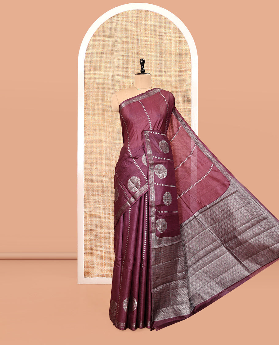 Maroon Tussar Silk Saree, Gleamed Up with Zari Buttas and Stripes, a Piping Border, Jaal Pallu, and a Matching Blouse
