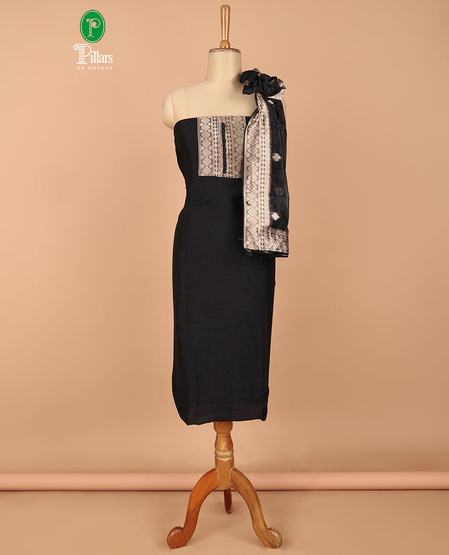 black chudidhar matrial vichitra silk neck zari border with bum bum work , santoon material pants & organza banarasi zari border, zari buttas dupatta