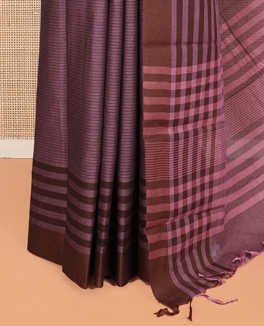 Brown Striped Andhra Cotton Saree, a Contrast Border, Striped Pallu, and a Matching Blouse