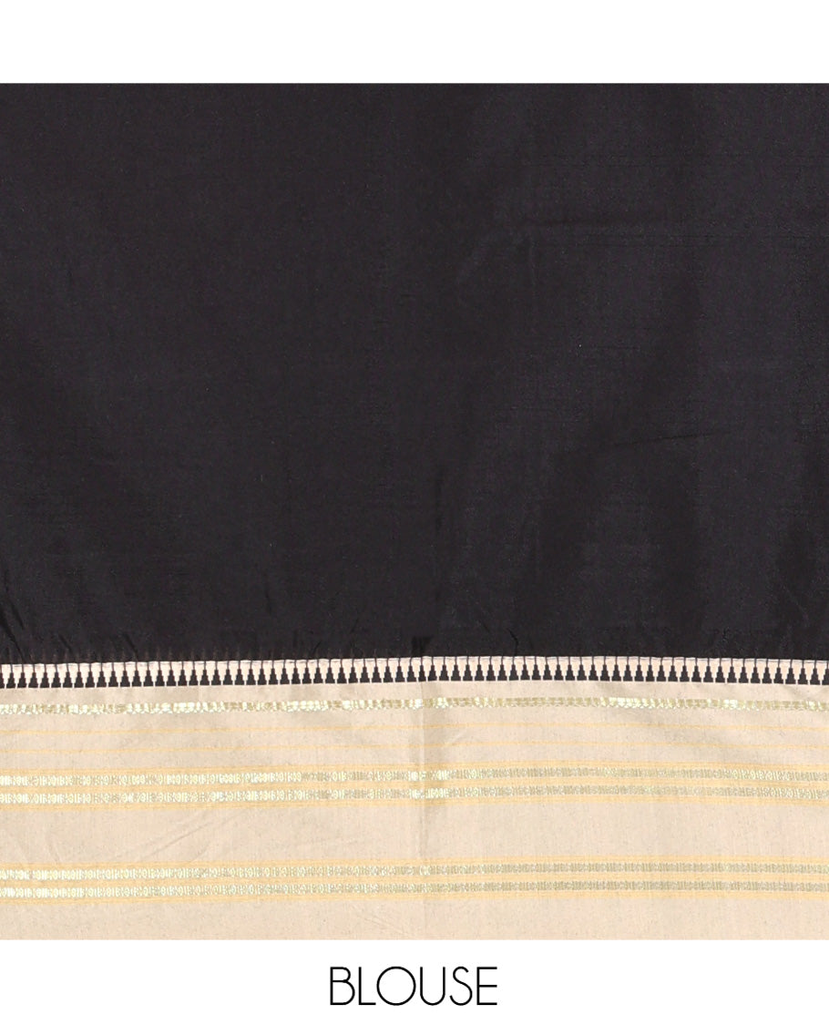 Black-Chikku Plain Mercerised Cotton Saree, Contrast Traditional Thread Temple Border, Striped Pallu, and a Matching Blouse