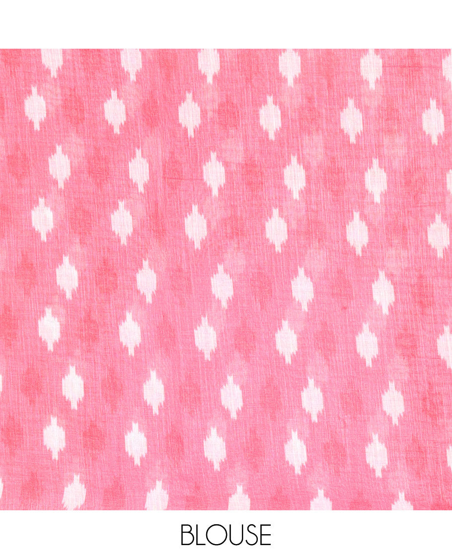 Borderless grey ikkat chevron patterned linen cotton saree, contrast zari piping border, ikkat buttas pallu, and a contrast ikkat buttas blouse