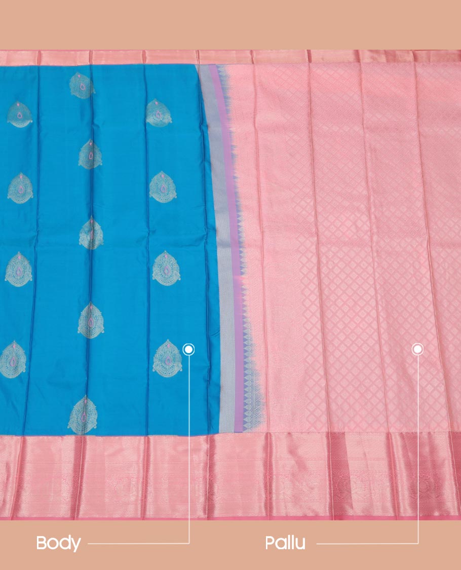 Blue Budget Silk Saree, Graced with Zari Buttas All Over Its Body, Complemented by a Contrast Traditional Zari Design Border, Sparsely Woven Jaal Pallu, and Paired with a Contrast Blouse