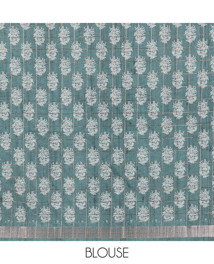 Peacock green all-over copper zari checks design semi tussar saree with floral, elepgant design, copper zari jacqaurd border & linnnin chip pallu along with self ajrackprinted checks blouse