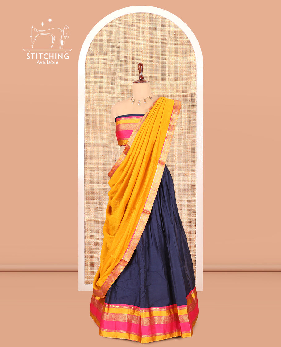 Navy Blue Pink Semi-Silk Half-Saree