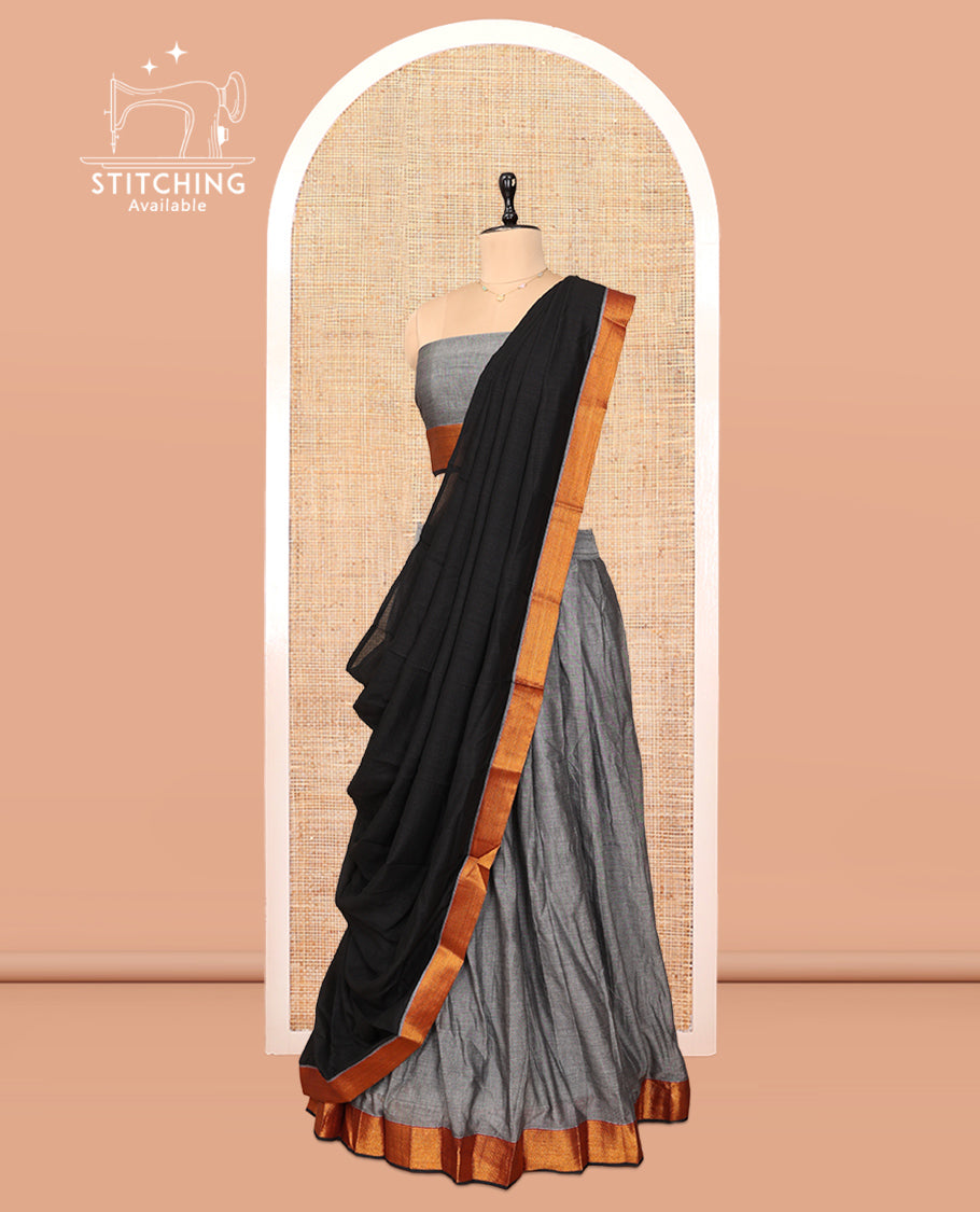 Grey Cotton Half-Saree Features Plain Skirt, a Contrast Zari Border, a Matching Blouse, and a Contrast Dhavani